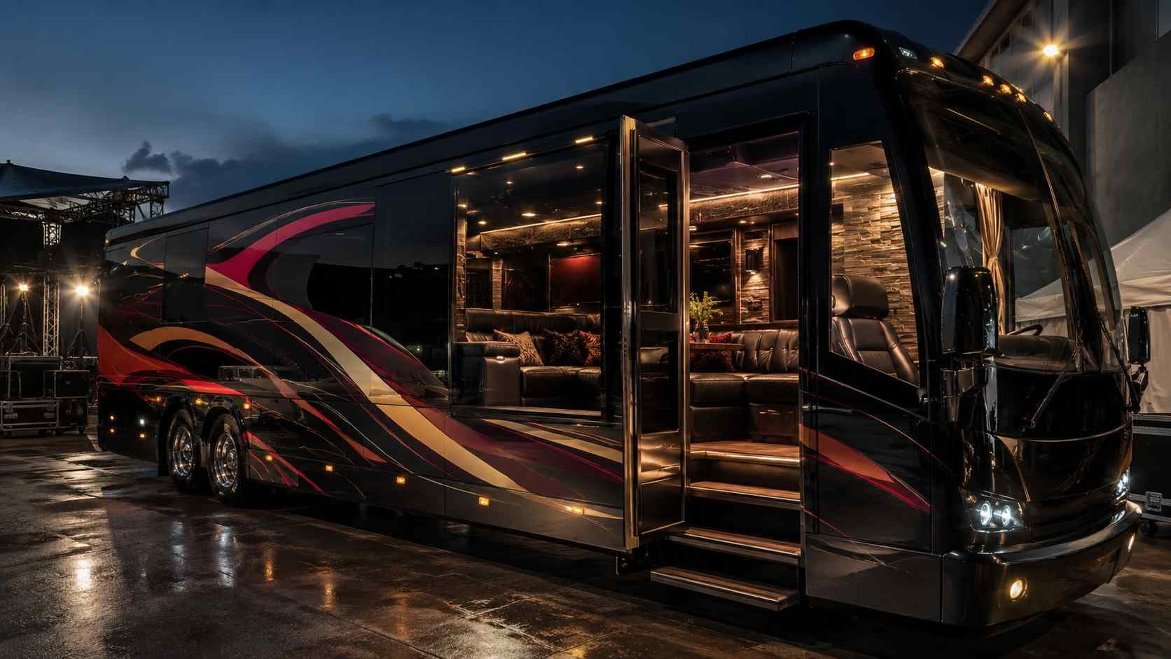 A custom-converted entertainer coach interior finished in wood and leather