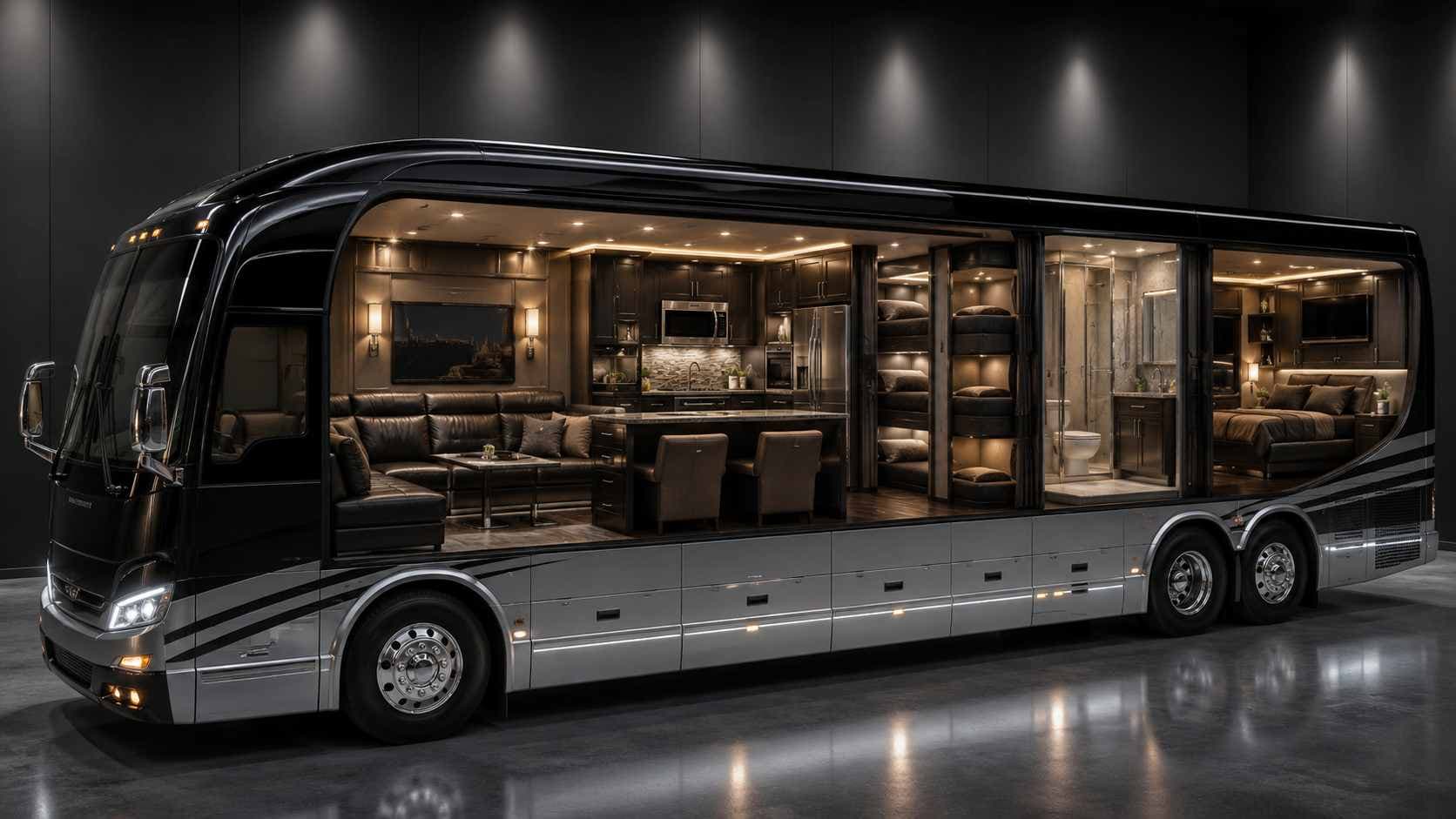 The main lounge of a Prevost entertainer coach with the slide-out extended