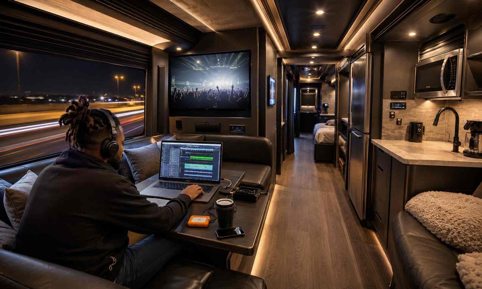 A lounge set up for working on the move during a long overnight drive