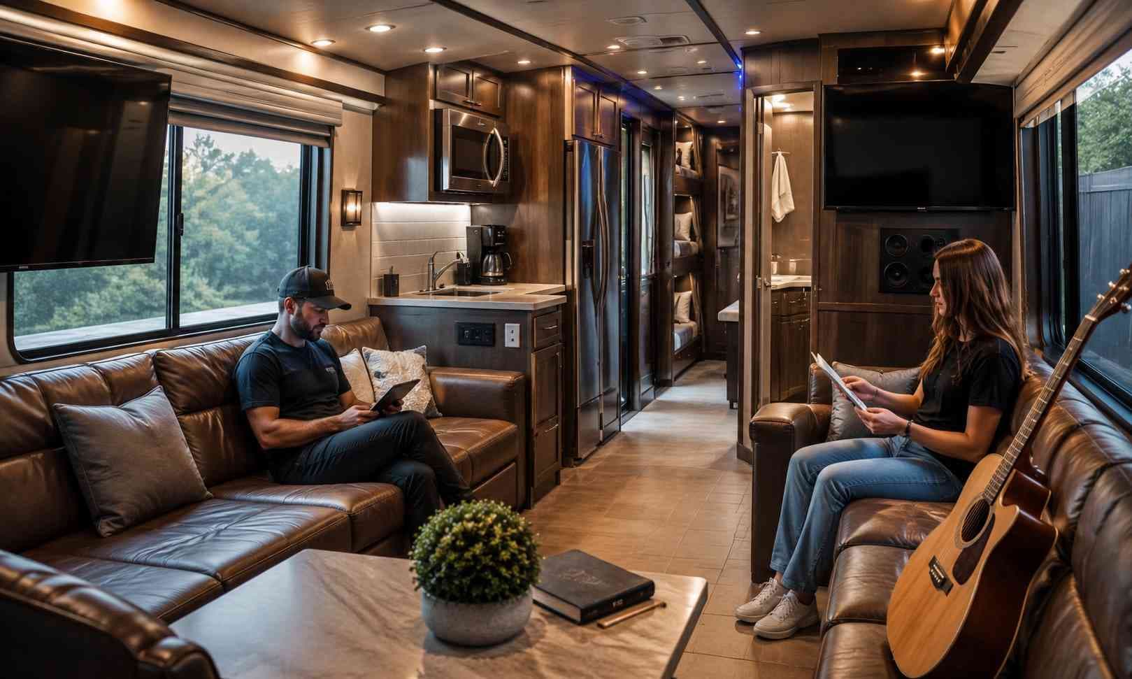 A smoke-free rear lounge on a Prevost entertainer coach