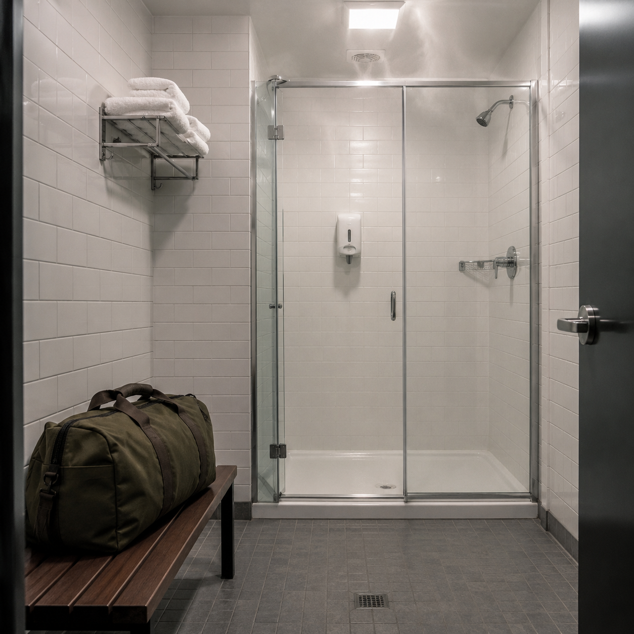 modern bathroom with olive duffel bag